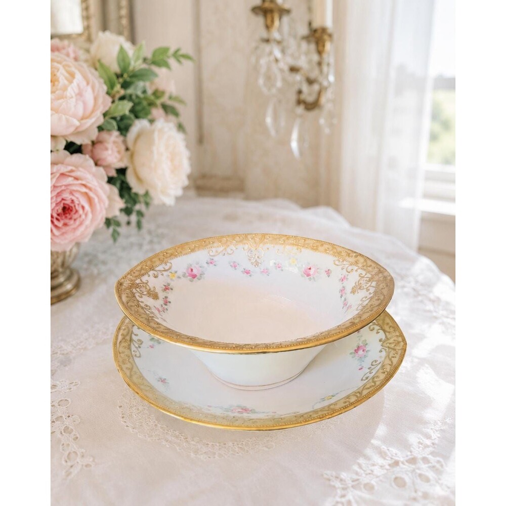 Antique Nippon Hand Painted Bowl & Underplate Pink Roses Gold Moriage 1911-1921
